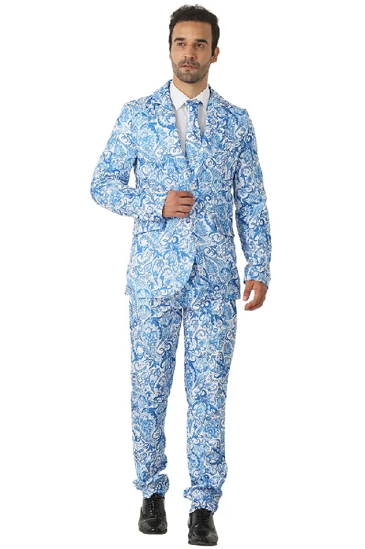 Men's business tuxedo for evening event -Men's 2-Piece White and Blue Paisley Pattern Suit