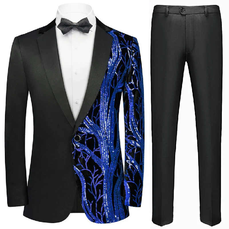 Men's business tuxedo jacket for evening event -Men's 2-Piece Suit Blue Shimmering Branches Black Tuxedo