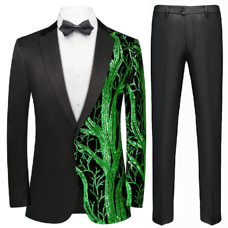 Men's classic tuxedo for evening dinner party -Men's 2-Piece Suit Green Shimmering Branches Black Tuxedo