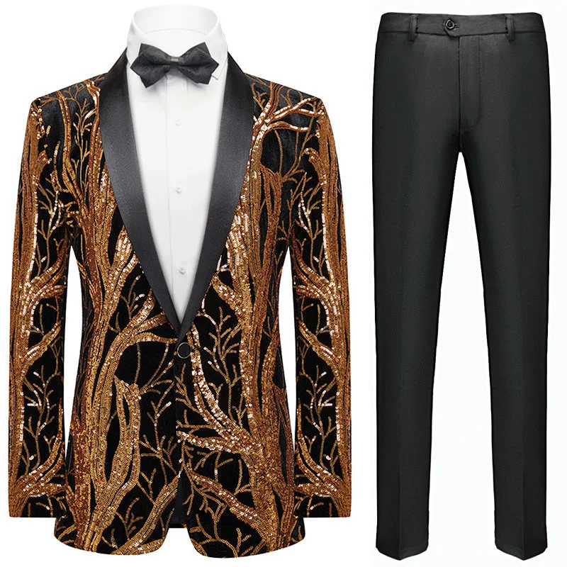 Men's wool tuxedo jacket for business event -Men's 2-Piece Branch Embroidered Gold Sequin Black Tuxedo Jacket