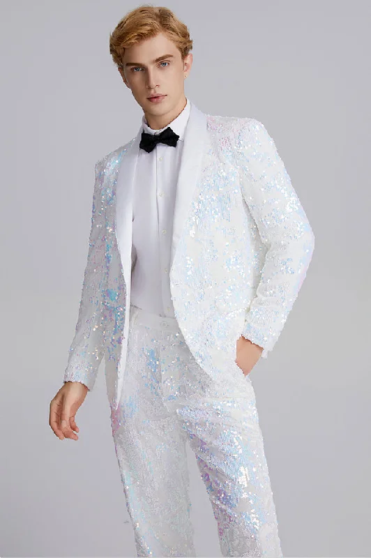 Men's tailored tuxedo jacket for special business party -Men's 2-Piece Shawl Lapel in Satin Blue and White Sequin Tuxedo