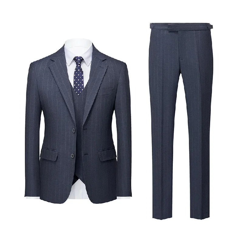 Men's wool tuxedo jacket for business dinner event -Men's 3-Piece Causal Striped Two Button Blue Gray Suit