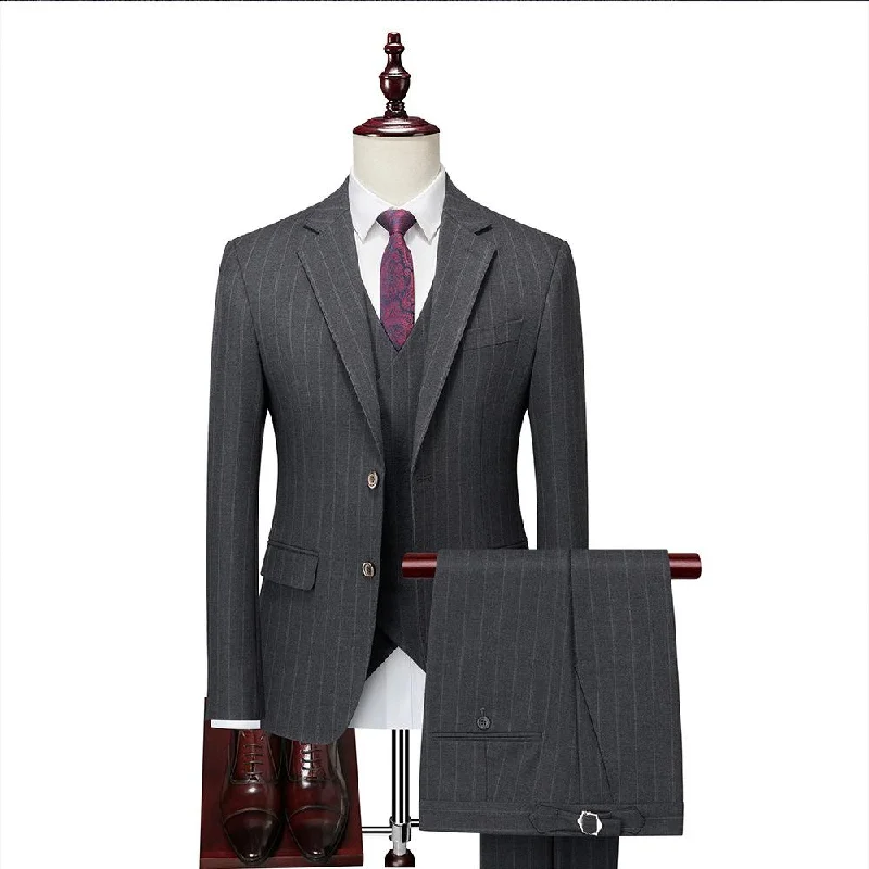 Men's tailored tuxedo jacket for office gala -Men's 3-Piece Causal Striped Two Button Iron Gray Suit