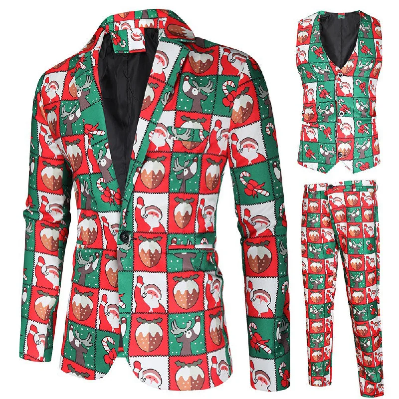 Men's modern tuxedo jacket for business wedding -Men's 3-Piece Christmas Element Printed Red Suit