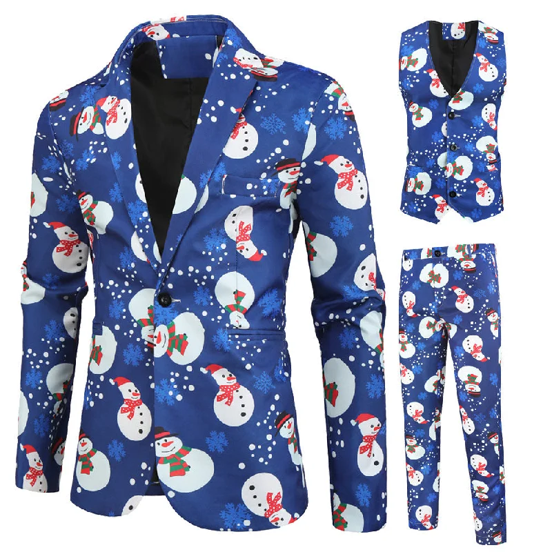 Men's slim fit tuxedo for special business event -Men's 3-Piece Christmas Snowman Printed Blue Suit