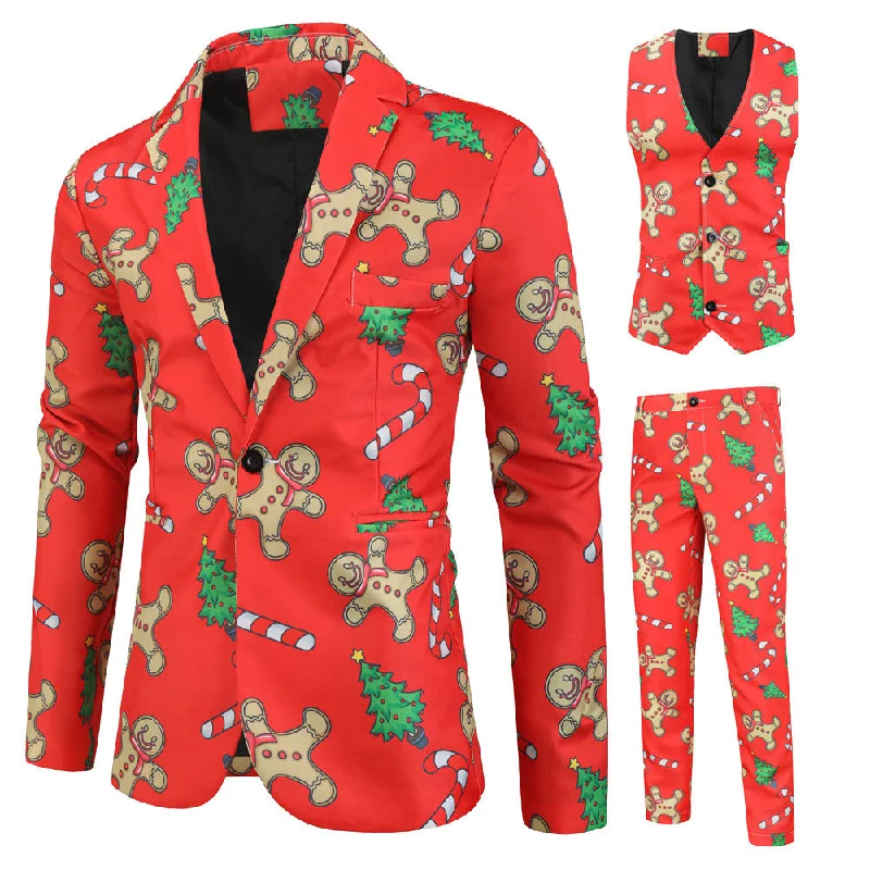 Men's formal tuxedo jacket with satin lapels for dinner -Men's 3-Piece Christmas Gingerbread Man Printed Red Suit