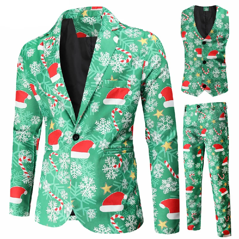 Men's wool tuxedo for evening wedding reception -Men's 3-Piece Christmas Santa Printed Green Suit