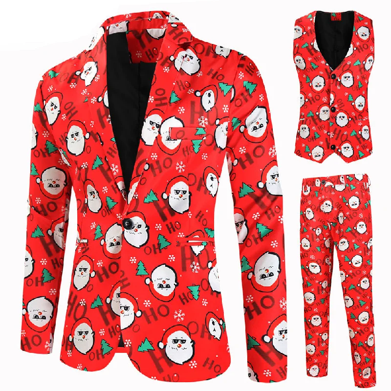 Men's designer tuxedo jacket with satin lapels for wedding -Men's 3-Piece Christmas Santa Printed Red Suit