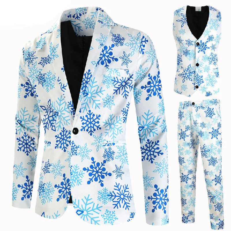 Men's wool tuxedo jacket for business dinner event -Men's 3-Piece Christmas Snowflake Printed White Suit