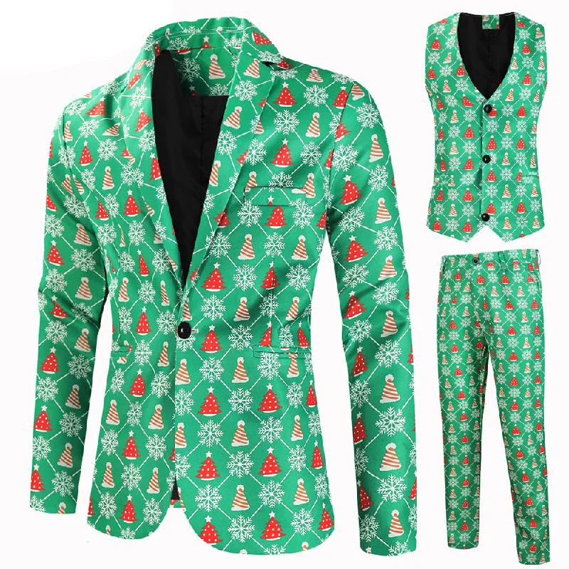 Men's slim fit tuxedo for black tie office event -Men's 3-Piece Christmas Trees Printed Green Suit