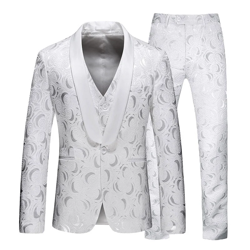 Men's luxury navy tuxedo jacket for formal wedding -Men's 3-Piece White Rose Embroidery Shawl Lapel Wedding Suit