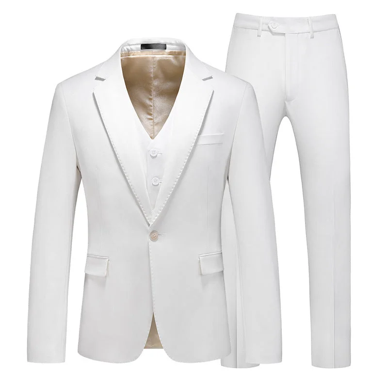 Men's slim fit tuxedo for business event -Men's 3-Piece One Button Solid White Wedding Suit