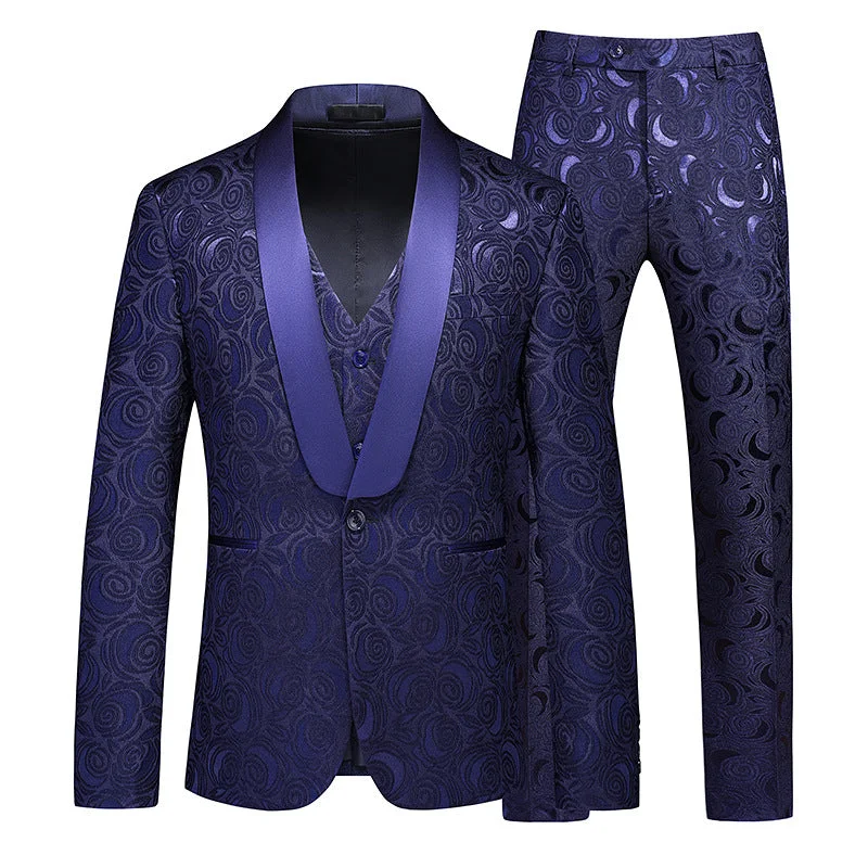 Men's slim fit tuxedo for business wedding event -Men's 3-Piece Rose Embroidery Shawl Lapel Navy Suit