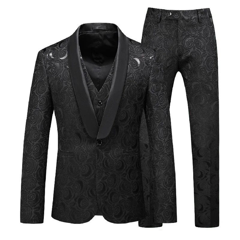 Men's tailored tuxedo jacket for formal business event -Men's 3-Piece Black Rose Embroidery Shawl Lapel Wedding Suit