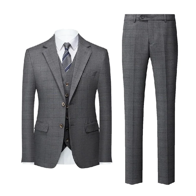 Men's designer tuxedo for office gala event -Men's 3-Piece Slim Fit Windowpane Plaid Gray Suit