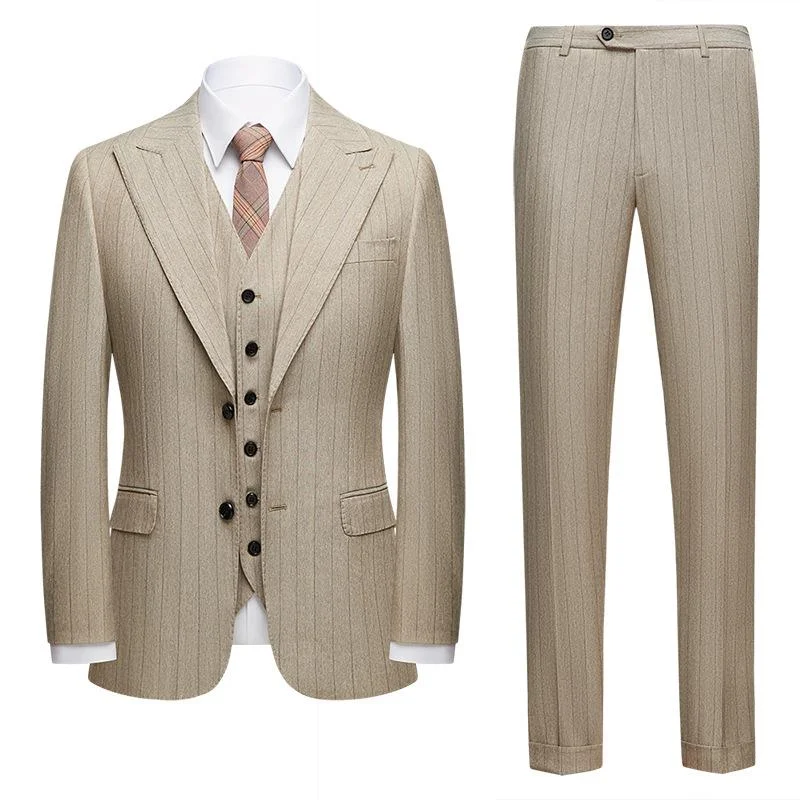 Men's slim fit tuxedo jacket for formal office dinner -Men's 3-Piece Stripe Beige Suit