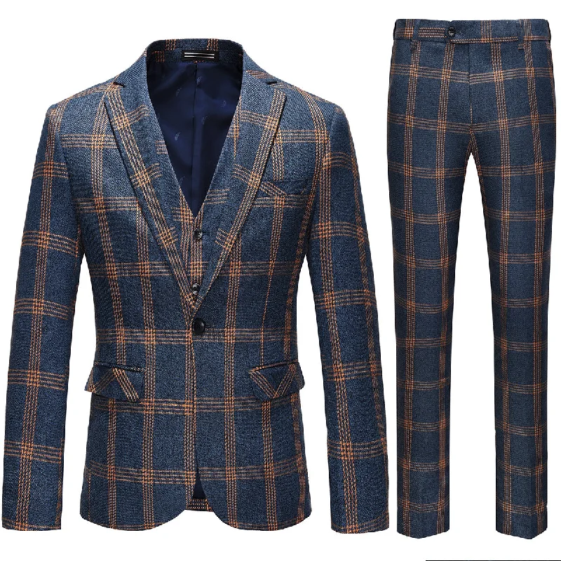 Men's designer tuxedo for office reception -Men's 3-Piece Brown Plaid Design Navy Blue Suit