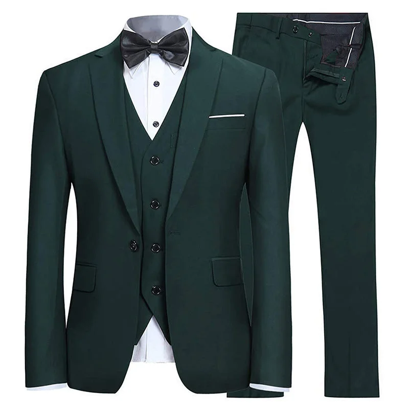 Men's luxury black tuxedo for formal reception -Men's 3-Piece Dark Green Suit Stylish One Button