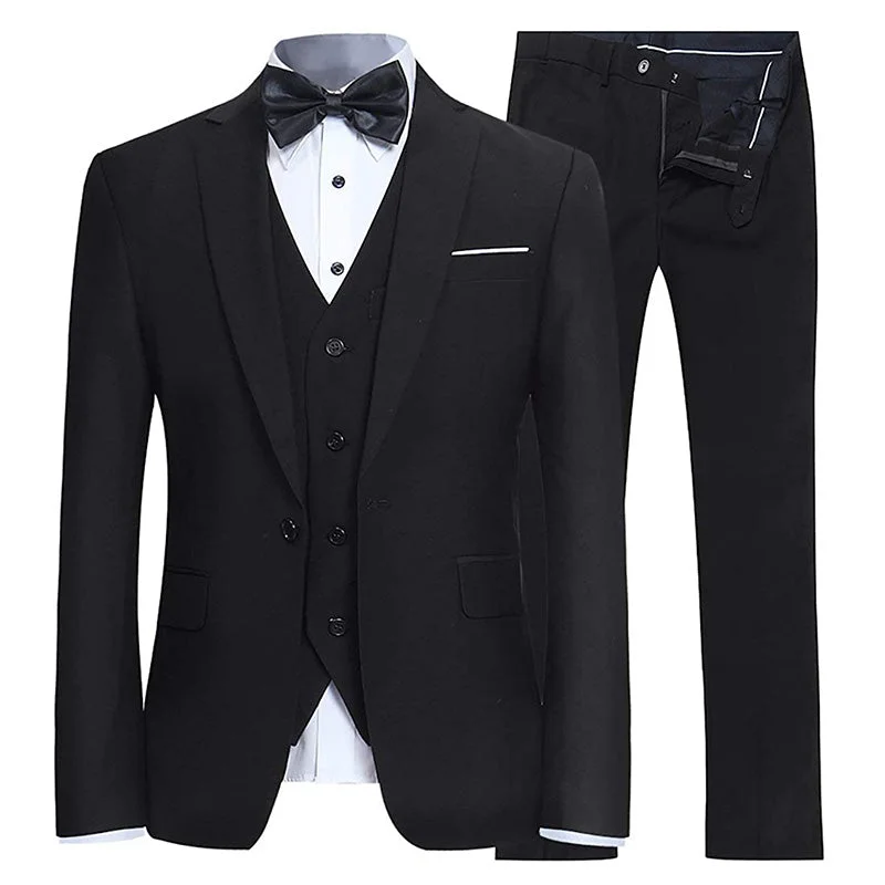 Men's designer tuxedo jacket with satin lapels for wedding -Men's 3-Piece Classic One Button Black Tuxedo