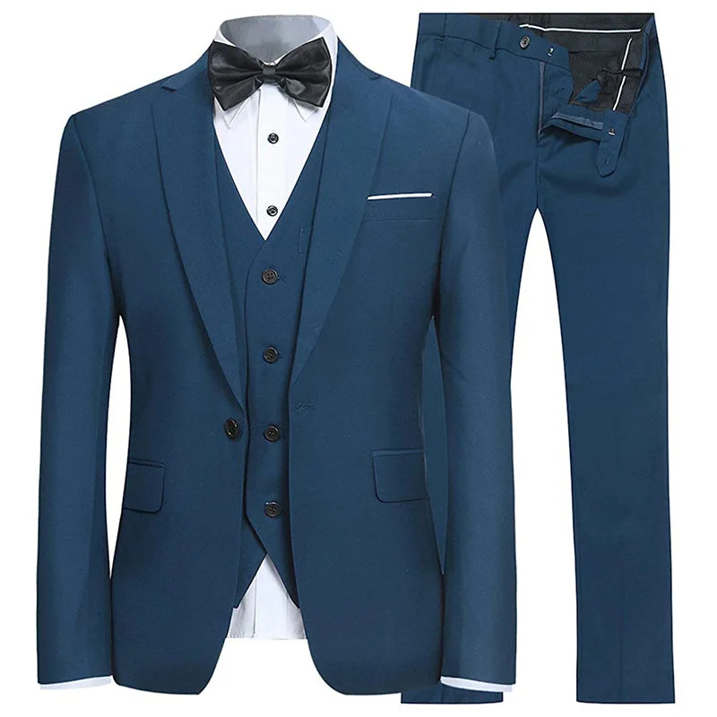 Men's luxury navy tuxedo for wedding -Men's 3-Piece Classic One Button Royal Blue Tuxedo