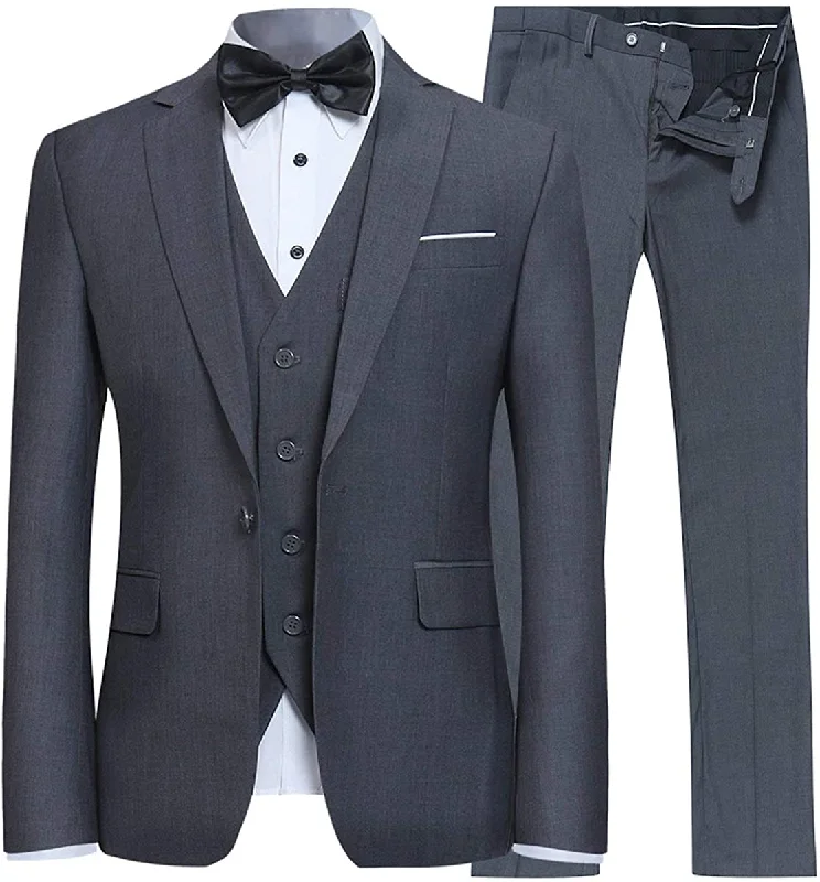 Men's slim fit tuxedo jacket for office gala -Men's 3-Piece for Groom One Button Dark Gray Suit