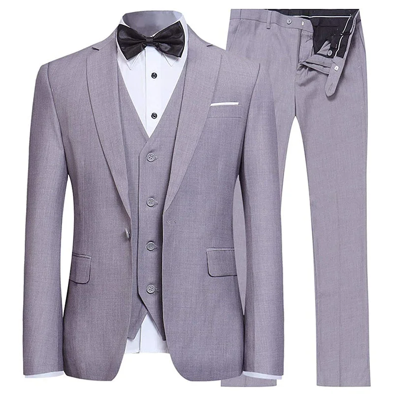 Men's business tuxedo jacket for wedding party -Men's 3-Piece Classic One Button Light Gray Tuxedo