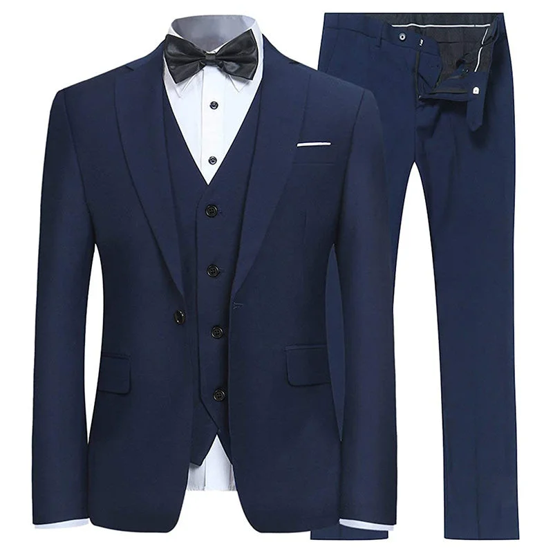 Men's designer tuxedo jacket for formal dinner -Men's 3-Piece Classic One Button Navy Blue Suit