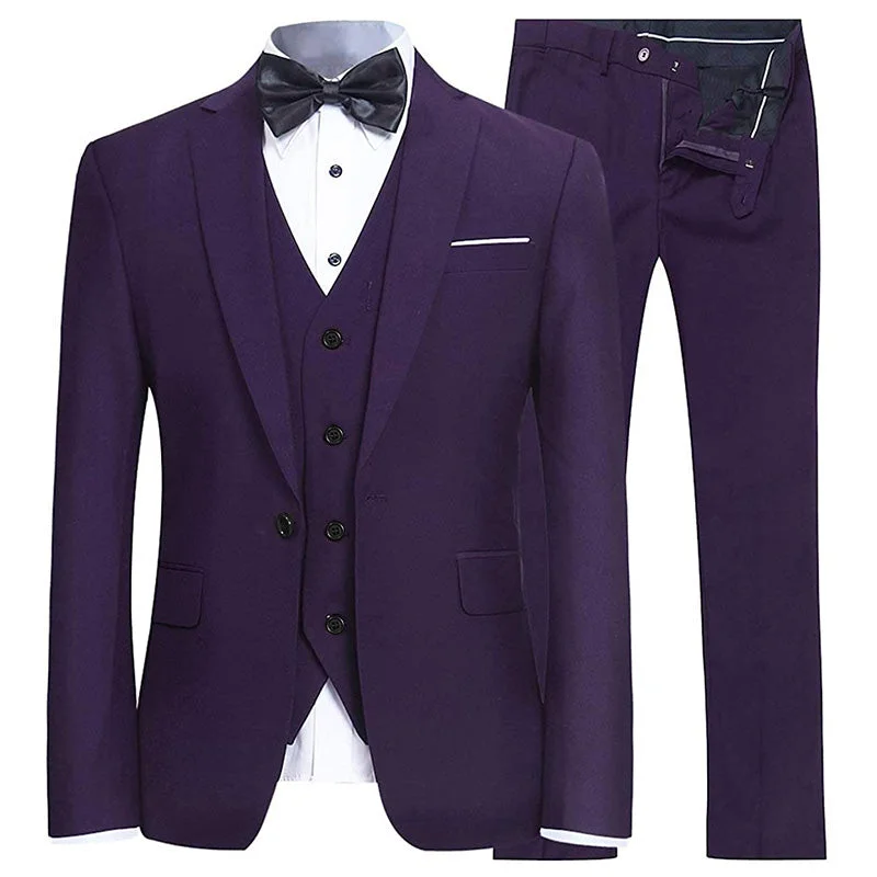 Men's slim fit tuxedo for black tie reception -Men's 3-Piece One Button Paisley Dark Purple Suit