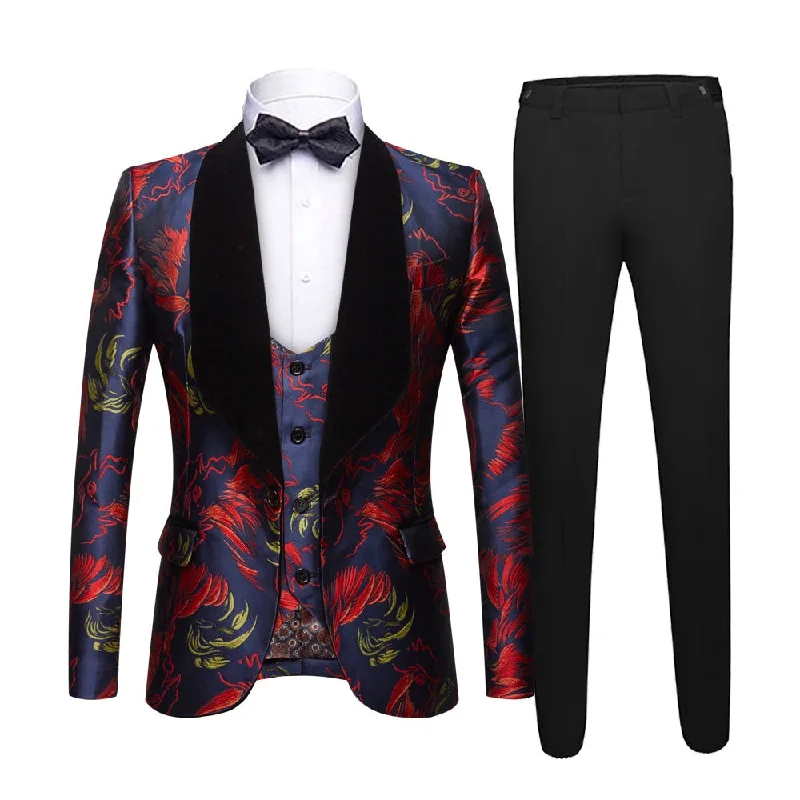 Men's tailored tuxedo jacket with satin collar for wedding -Men's 3-Piece Smoke Collar Red Eagle Embroidery Navy Blue Suit