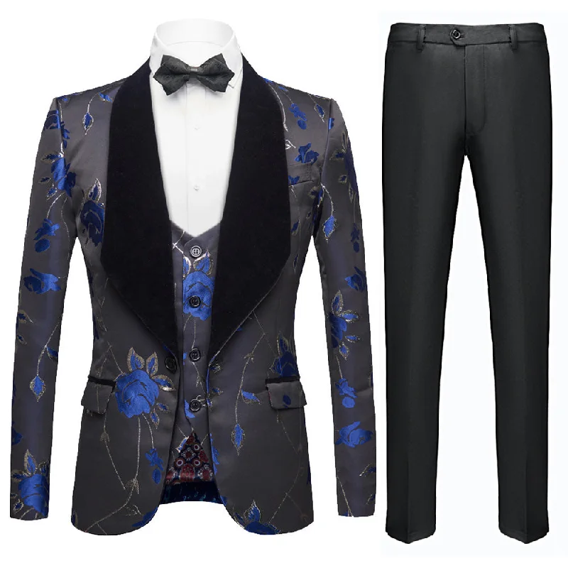 Men's tailored tuxedo for corporate office event -Men's 3-Piece Shawl Collar Blue Floral Jacquard Black Suit