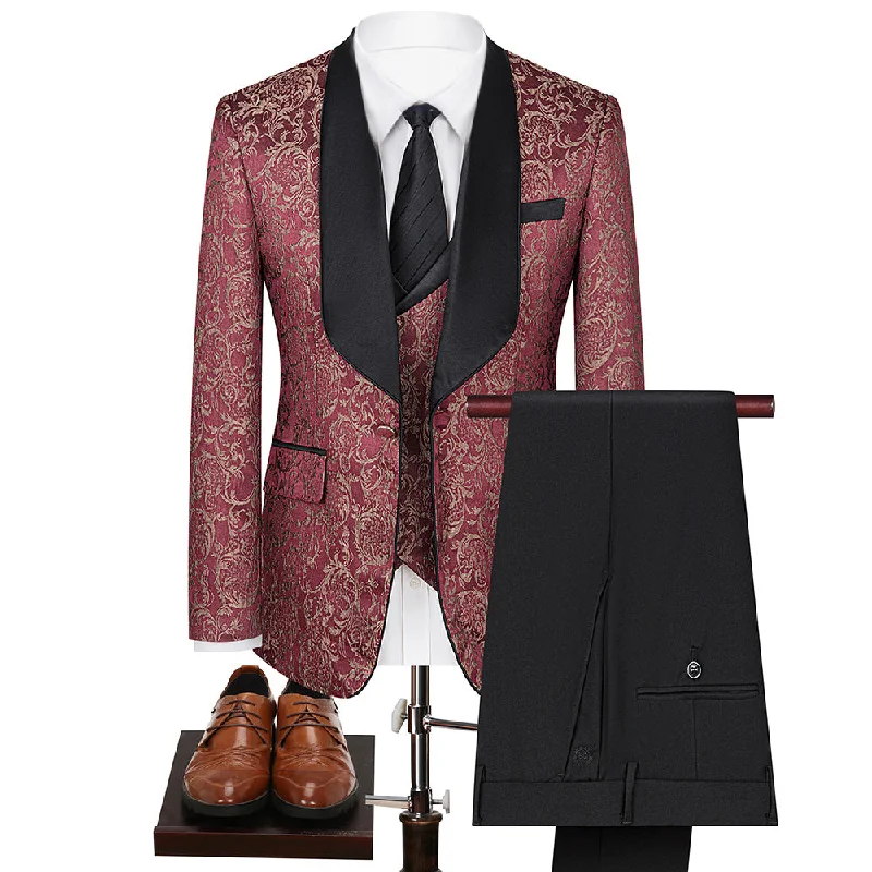 Men's slim fit tuxedo for office wedding dinner -Men's 3-Piece Vintage Style Gold Damask Jacquard Burgundy Suit