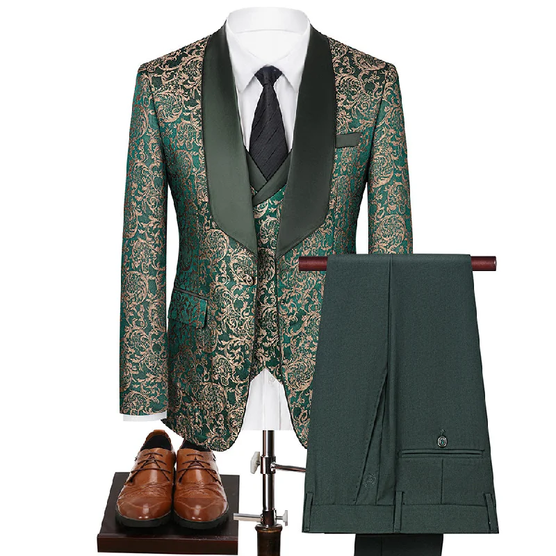 Men's designer tuxedo jacket for formal office event -Men's 3-Piece Vintage Style Gold Damask Jacquard Green Suit