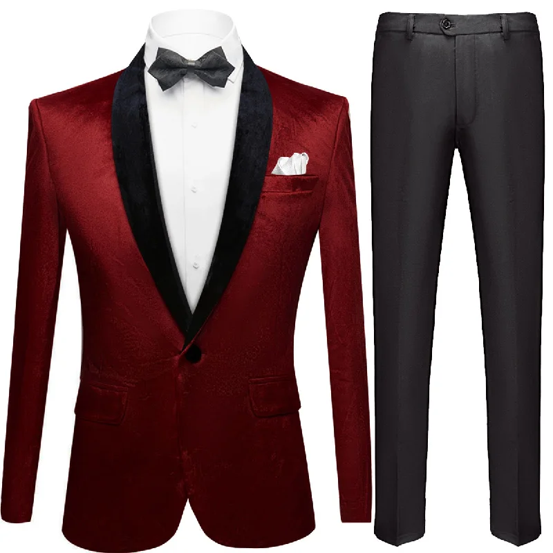 Men's business tuxedo for special office event -Men's Classic Velvet Closure Collar BurgundyTuxedo