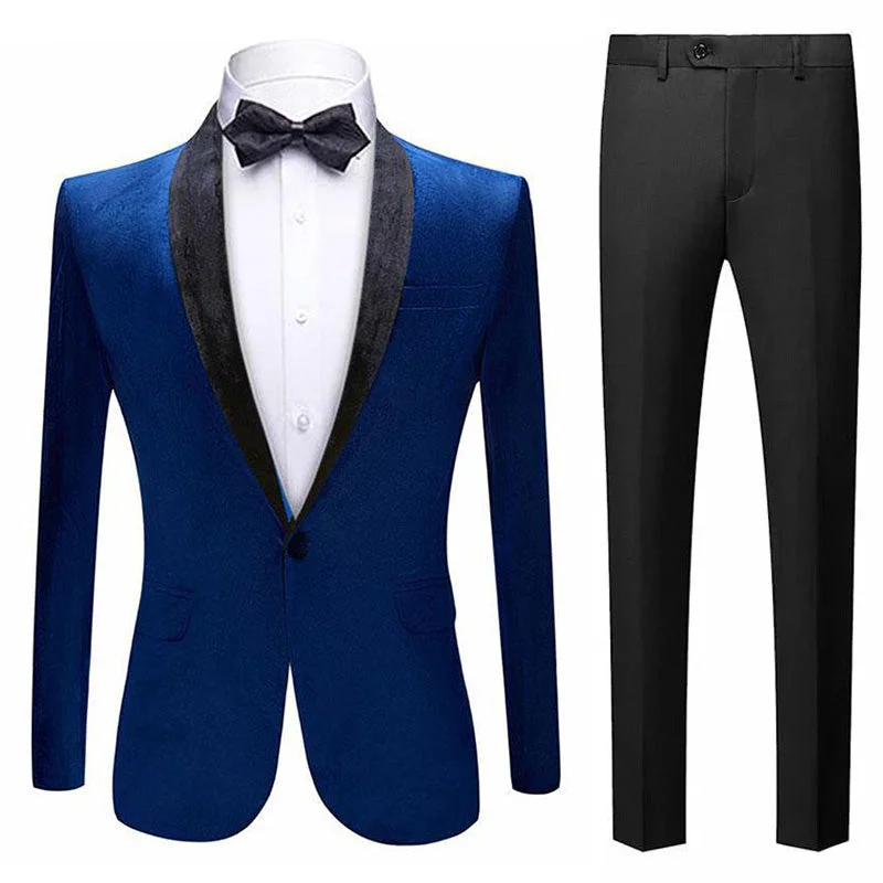 Men's luxury tuxedo for office gala dinner -Men's Classic Velvet Closure Collar Royal BlueTuxedo