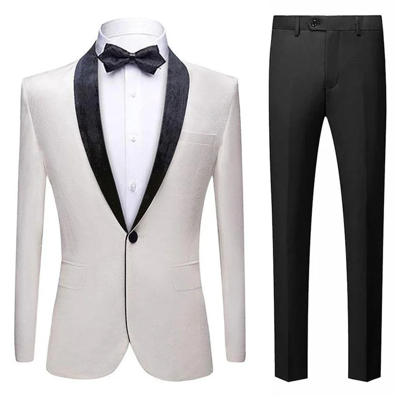 Men's tailored tuxedo jacket for wedding party -Men's Classic Velvet Closure Collar White Tuxedo