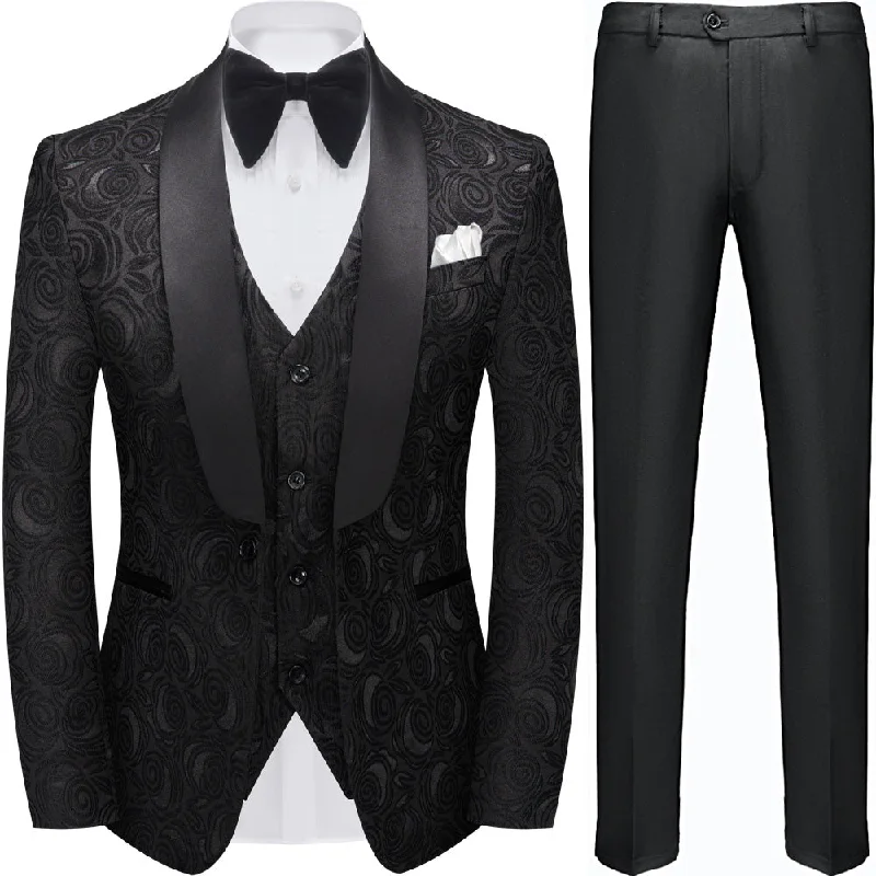 Men's business tuxedo jacket for evening gala -Men's Black Rose Embroidery Shawl Lapel Wedding Jacket and Vest