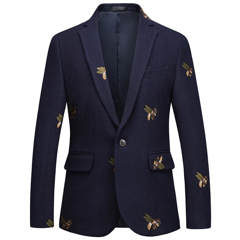 Men's formal tuxedo for wedding dinner party -Men's Flying Bee Embroidery Navy Blue Tuxedo