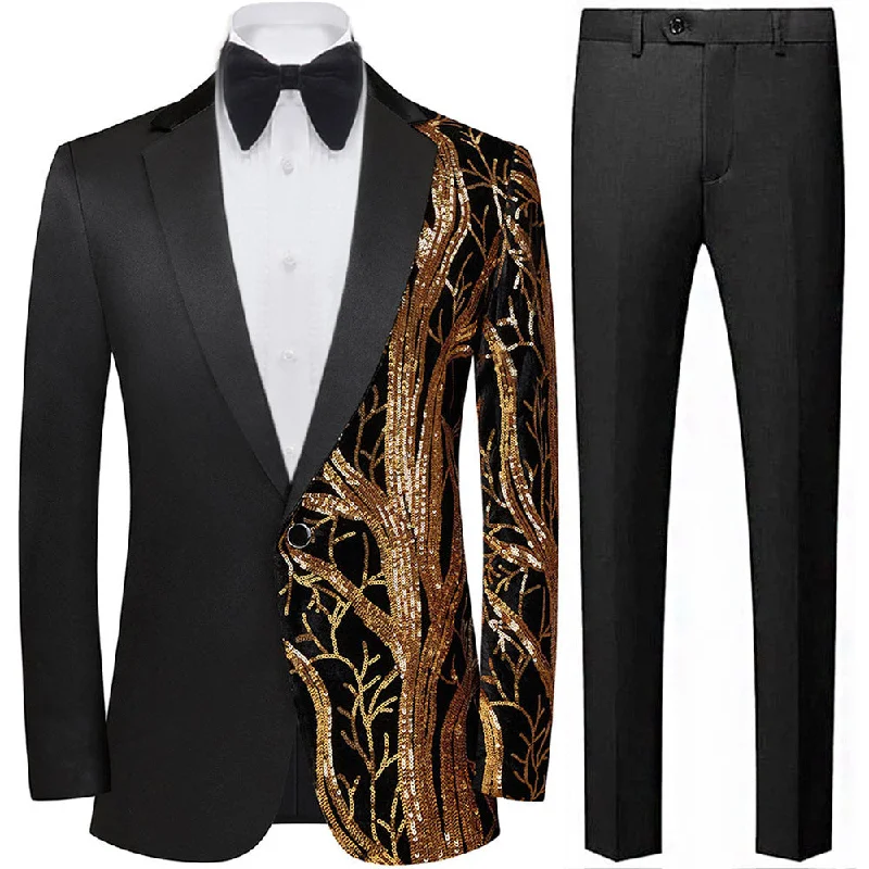 Men's formal tuxedo jacket for business dinner party -Men's 2-Piece Suit Gold Sequin Branches Black Tuxedo