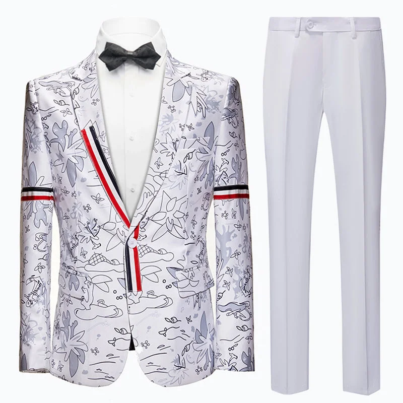 Men's wool tuxedo for formal business dinner -Men's 2-Piece British Style Graffiti Print White Jacket