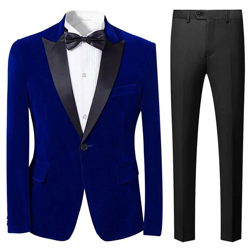 Men's designer tuxedo for black tie events -Men's 2-Piece Peak Lapel Royal Blue Velvet Tuxedo