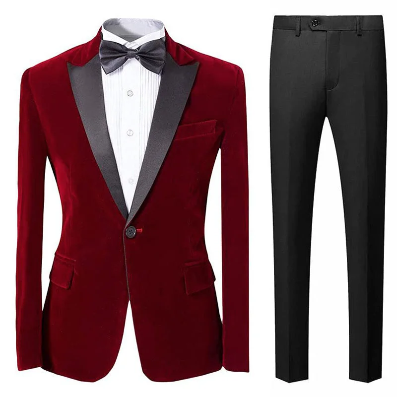 Men's designer tuxedo for black tie wedding -Men's 2-Piece Peak Lapel Burgundy Velvet Tuxedo