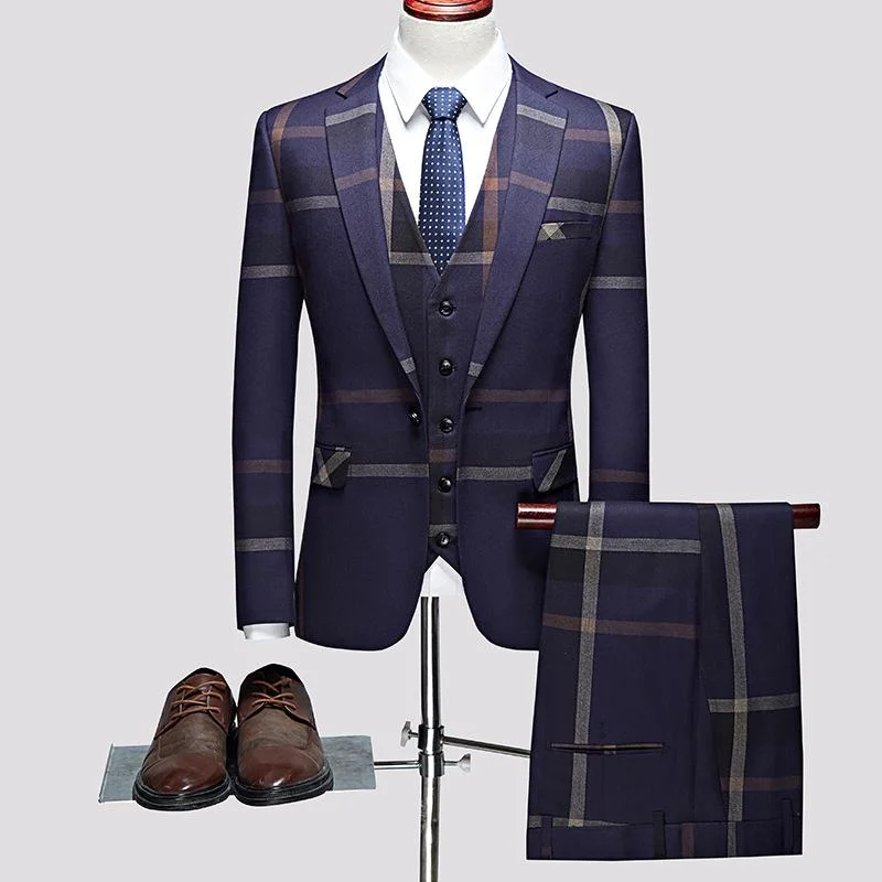 Men's modern tuxedo for wedding business dinner -Men's One-Button Three-Piece Navy Plaid Business Suit