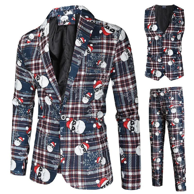 Men's tailored tuxedo for corporate wedding party -Men's 3-Piece Christmas Santa Printed Navy Suit