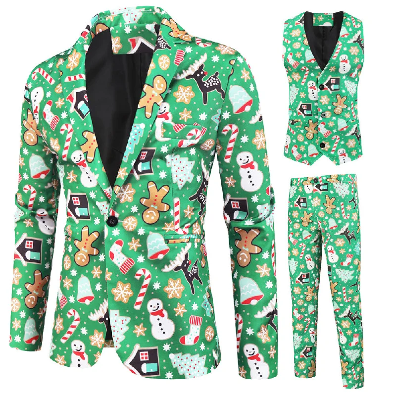 Men's business tuxedo for wedding reception -Men's 3-Piece Christmas Gingerbread Man Printed Green Suit