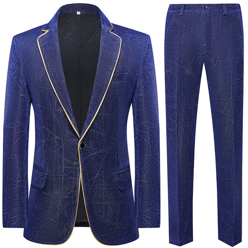 Men's wool tuxedo for evening gala -Men's 2-Piece Navy Blue Tuxedo Duo with Golden Trim