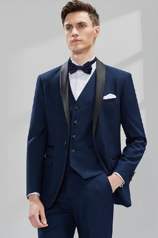 Men's classic tuxedo jacket for formal business event -Men's 3-Piece Classic Groom Dresses Navy Blue Groomsmen Suit