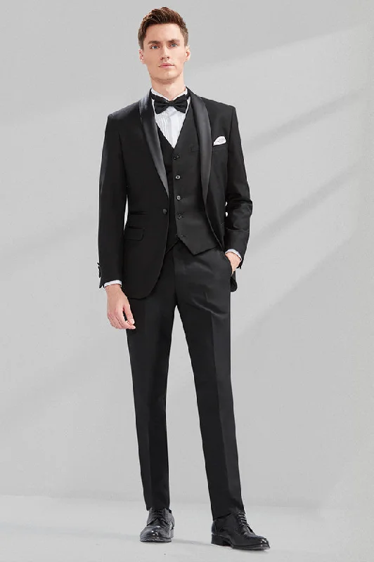 Men's tailored tuxedo jacket with satin collar for wedding -Men's 3-Piece Classic Groom Dresses Elegant Black Groomsmen Suit