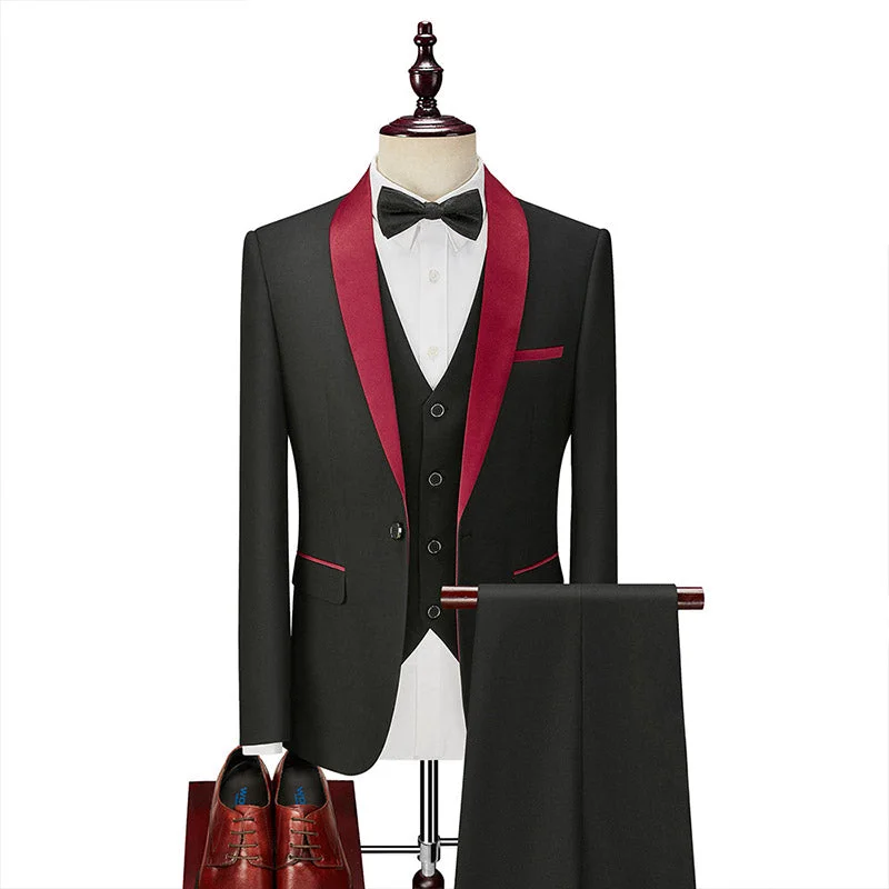 Men's classic navy tuxedo with satin collar for wedding -Men's 3-Piece Classic Dresses Red Lapel Black Prom Suit