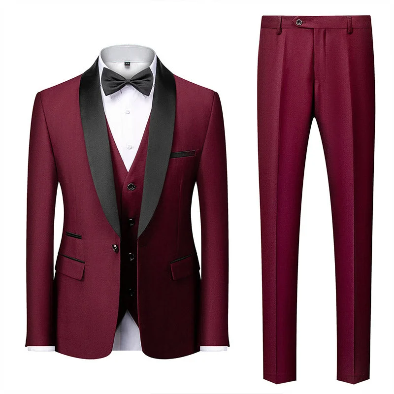 Men's designer tuxedo for office events -Men's 3-Piece Classic Dresses Burgundy Prom Suit