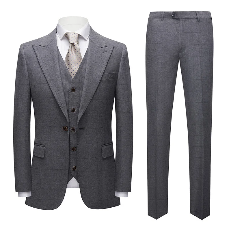 Men's formal tuxedo jacket for business gala event -Men's 3-Piece Business Checkered Light Gray Suit